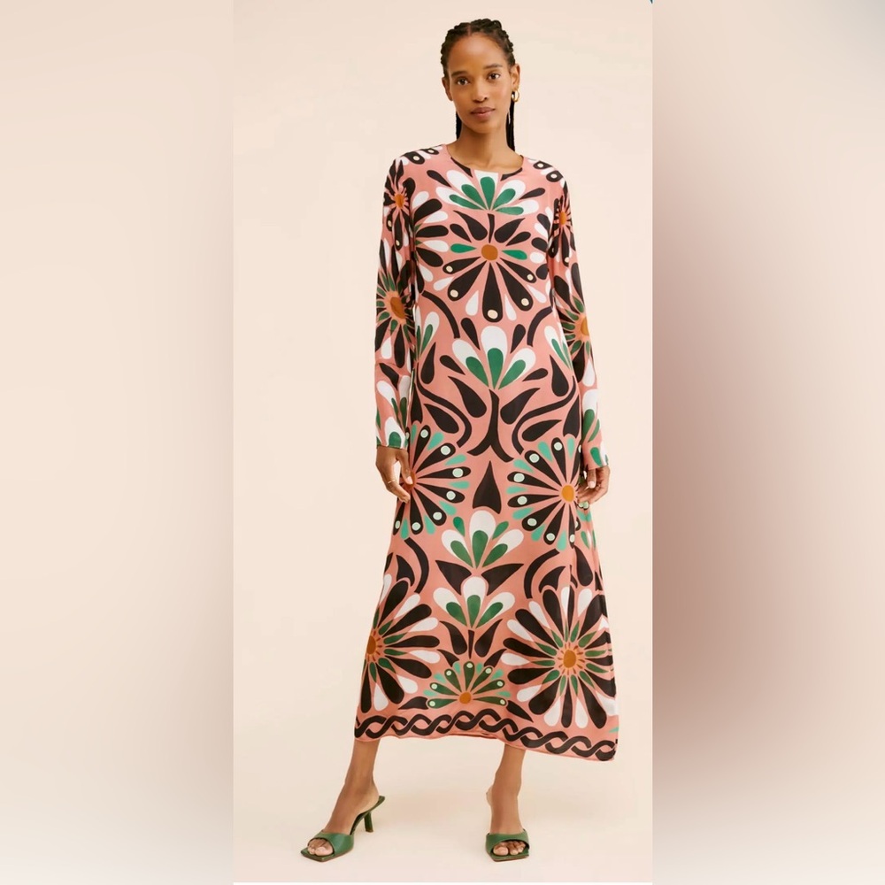 FARM Rio Anthropology  Ainika Flowers Long Sleeve MaxiDress - Pink & Green - L